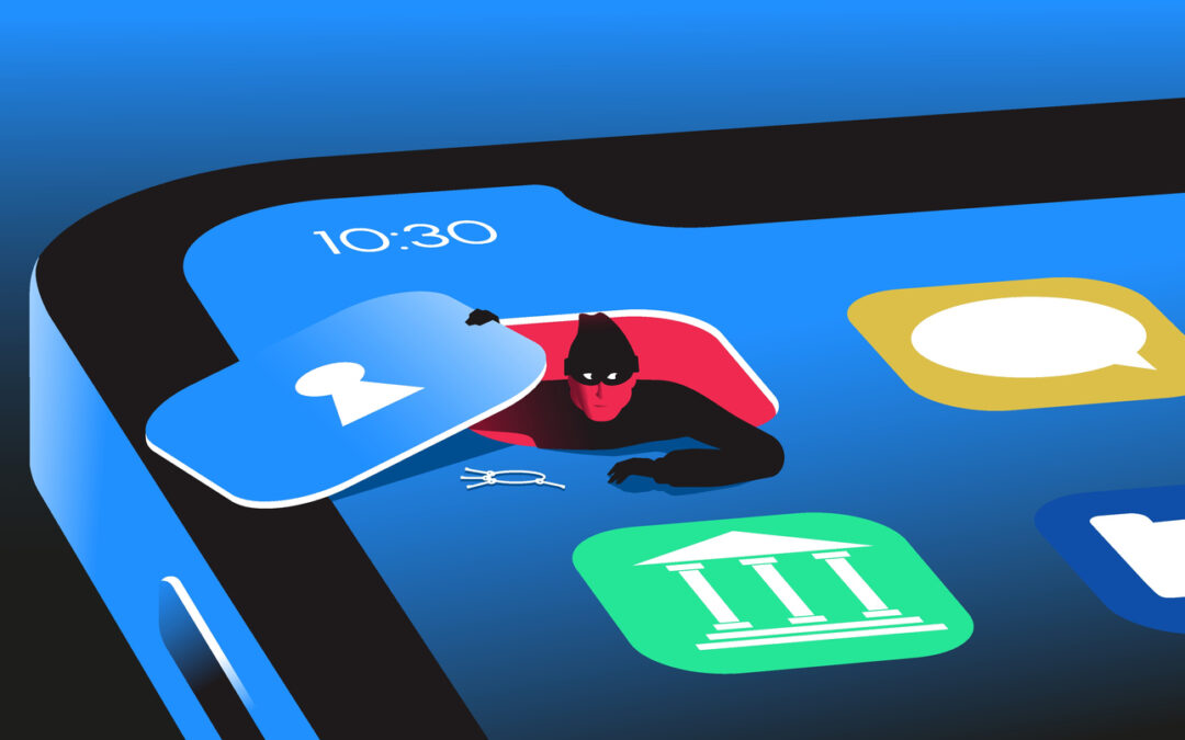 Visualisierung eines Handy Displays. Ein Datendieb schaut aus einer App hervor
