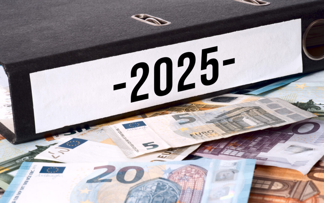 Ordner mit Aufschrift: 2025. Er liegt auf zahlreichen Euroscheinen