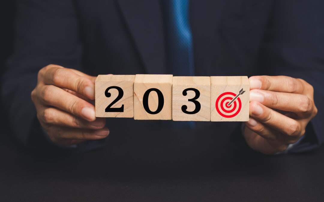 Geschäftsmann hält Holzwürfel mit den Zahlen 2030 in der Hand - Ziele bis 2030